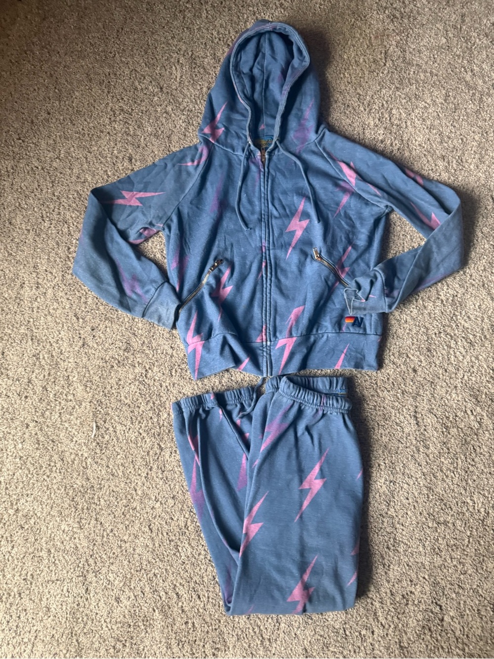 Aviator Nation Blue Hoodie & Jogger Set with Pink Lightning Bolts